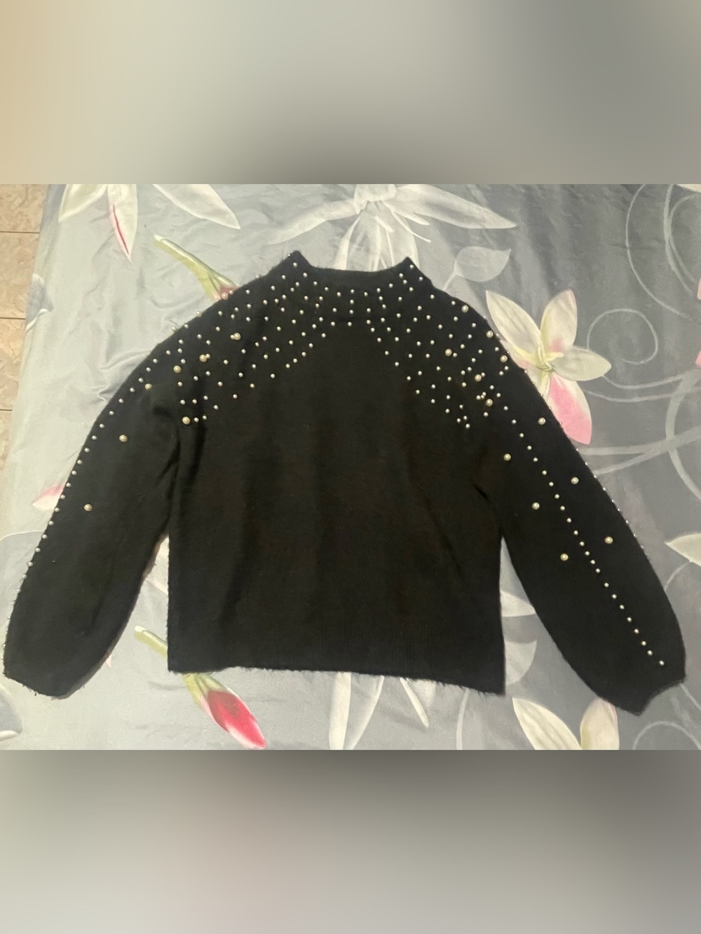 Pearl-Detail Black Turtleneck Sweater